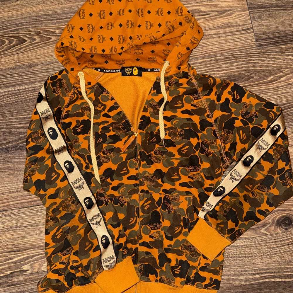 BAPE X MCM Orange and Brown Camo Zip-Up Hoodie